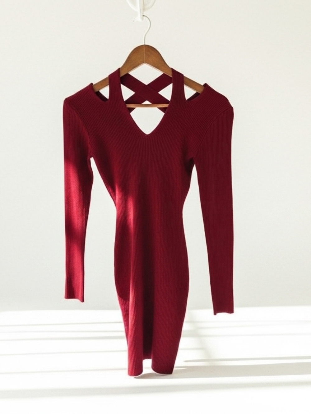 Almost Famous Ribbed Knit Strappy Cutout V-Neck Bodycon Sweater Dress Burgundy S